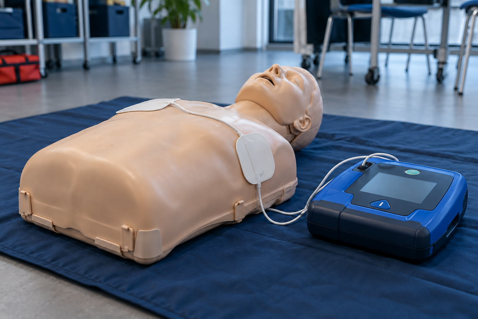 Illustrativ Foto vun enger Reanimatiounspopp an engem Trainingsdefibrillator op enger bloer Matt.